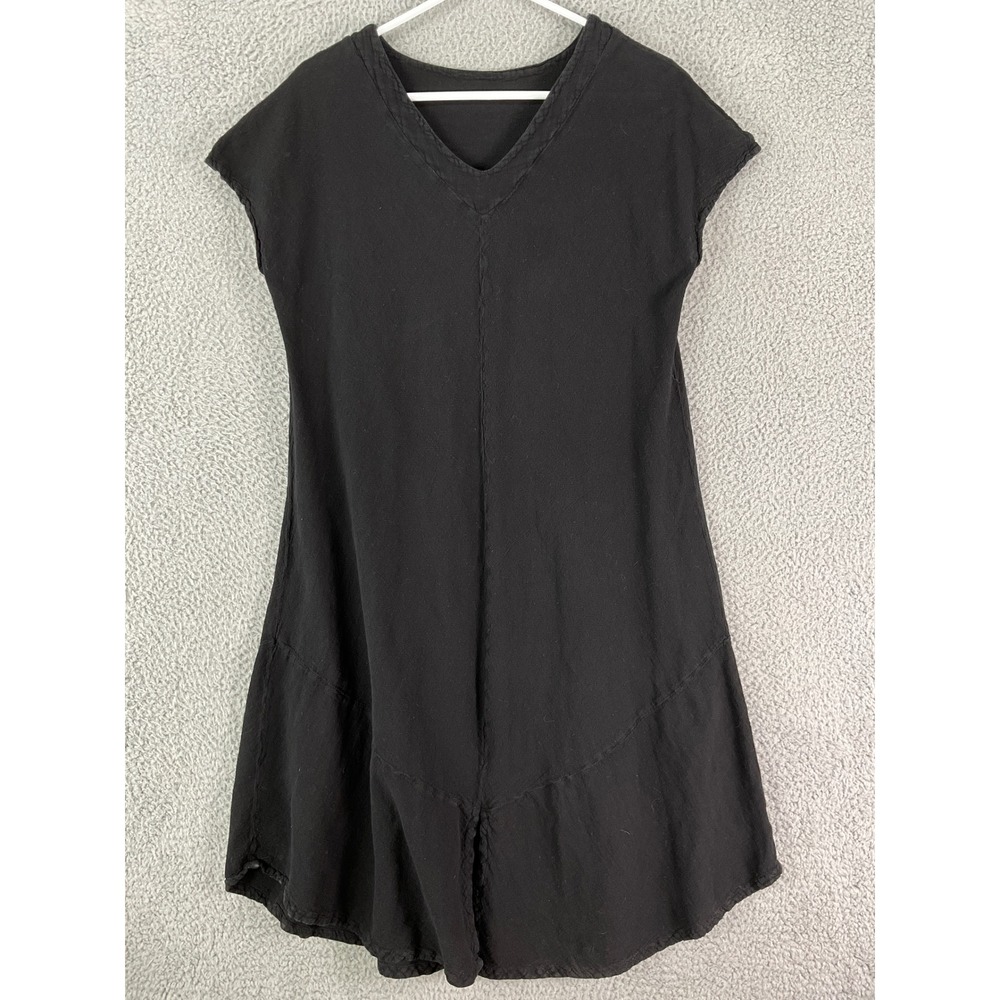 Oh My Gauze Tunic Dress Womens L Black Cotton V-Neck Lagenlook Boho Cap Sleeve